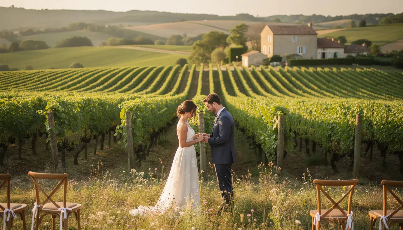 Couple échangeant leurs vœux d'amour dans un cadre naturel français, avec de magnifiques vignobles en arrière-plan