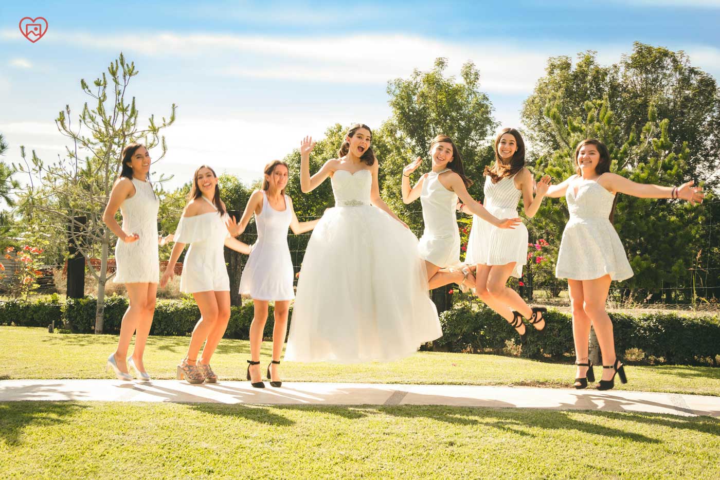 Groupe d'invités sautant tous ensemble lors d'un mariage