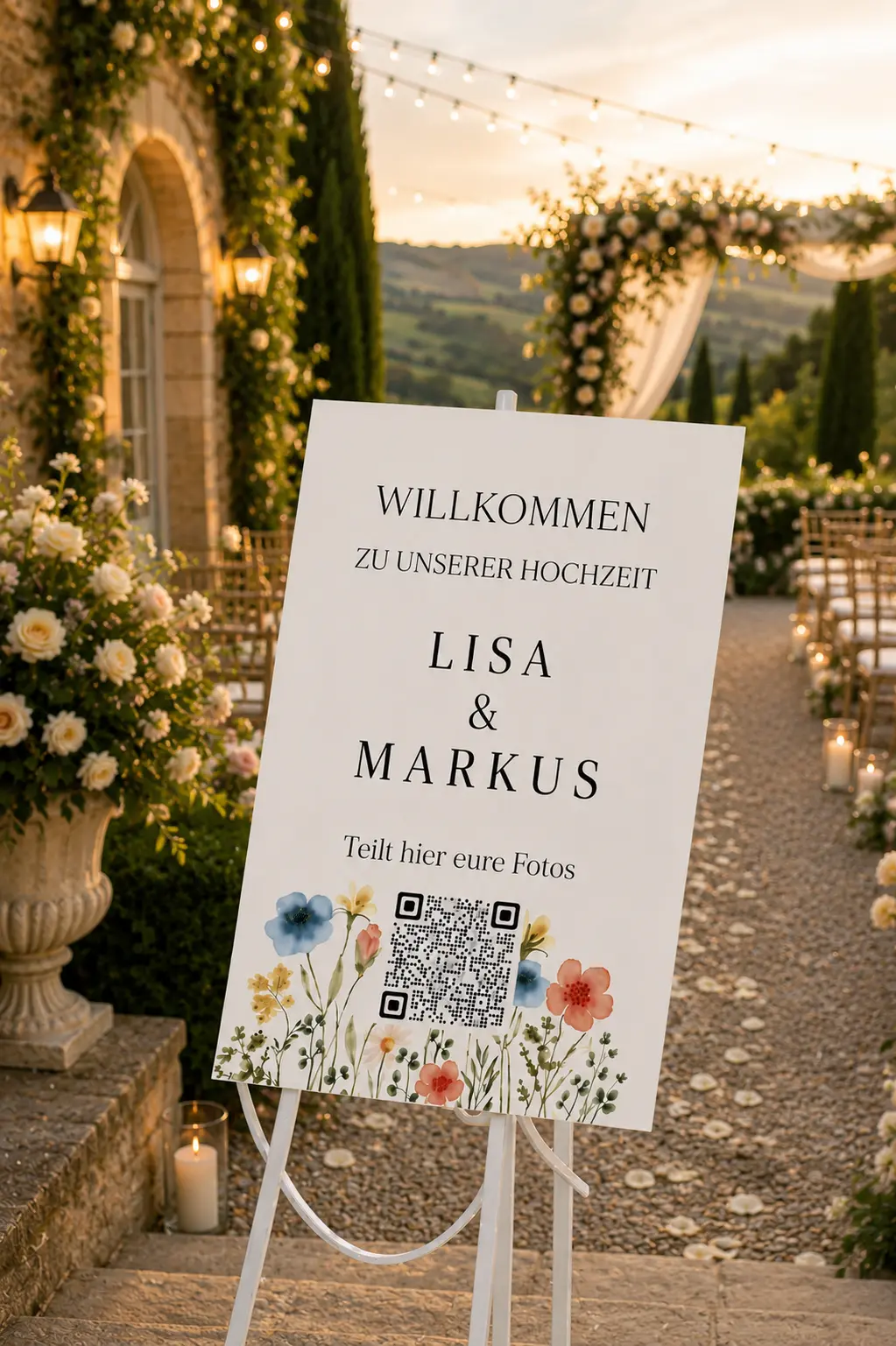 Hochzeitskarte mit Love Album QR-Code auf einem Tisch