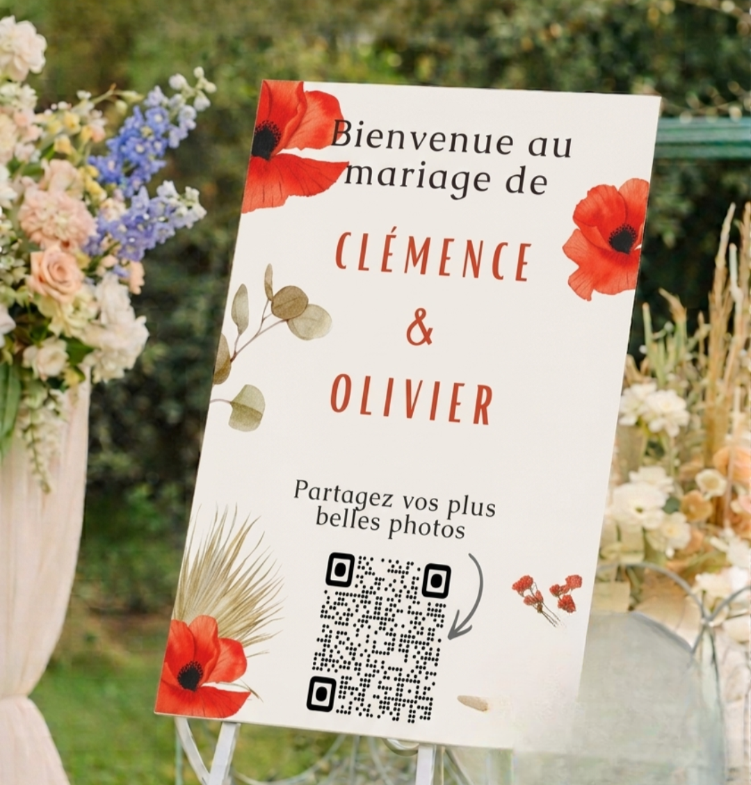Affiche de mariage avec QR code Love Album sur une table