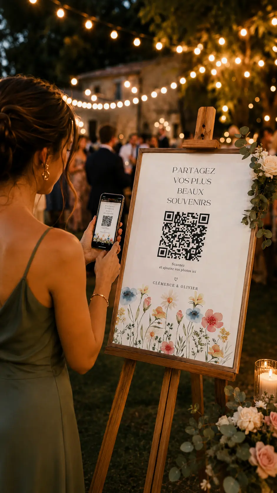 Affiche de mariage avec QR code Love Album sur une table