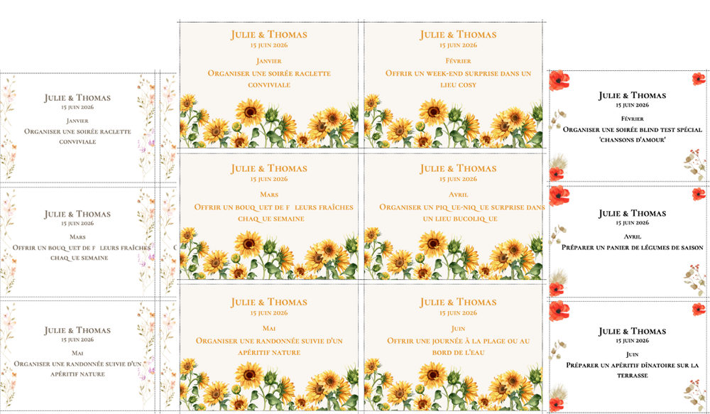 Exemples de cartes du jeu des 12 mois mariage créées avec le générateur de Love Album