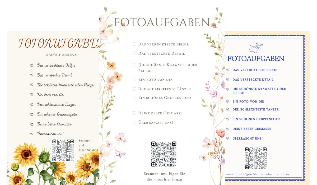 Beispiele von Fotoaufgaben-Karten für die Hochzeit, erstellt mit dem Love Album Generator