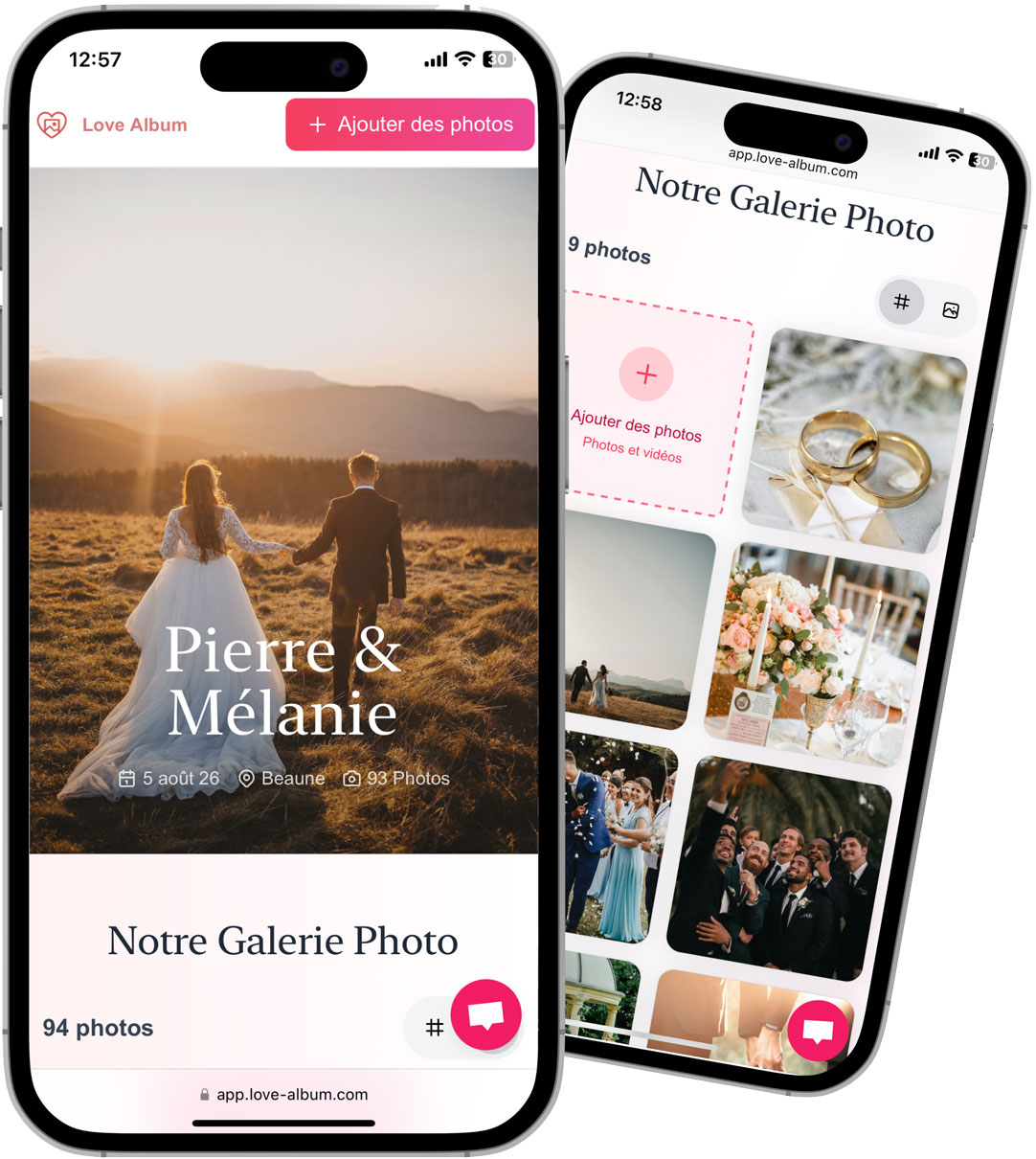 Smartphone showing the wedding shared album accessible via a QR code