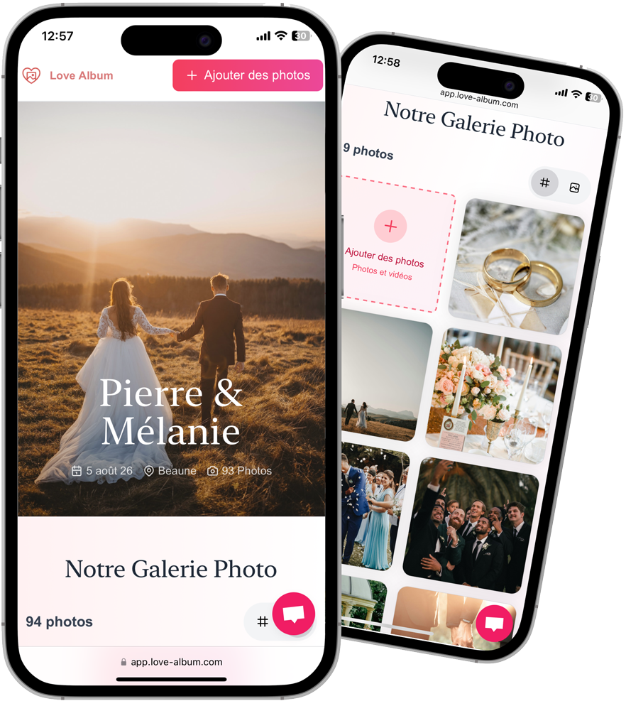 Smartphone showing the wedding shared album accessible via a QR code