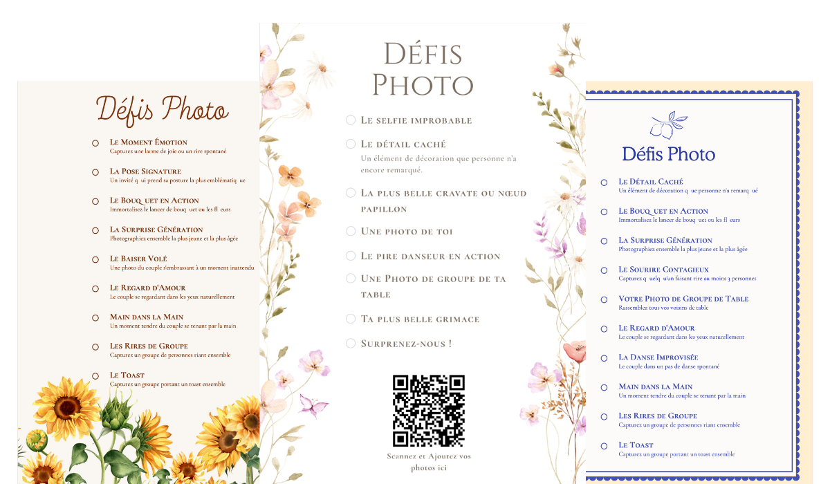 Cartes de défis photo mariage imprimées